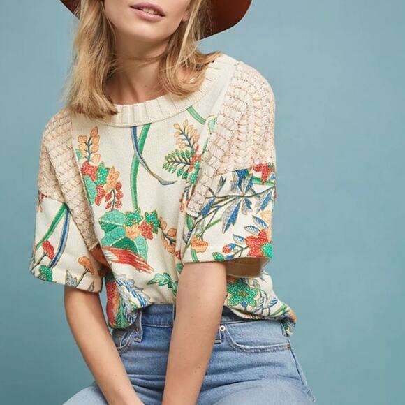 Anthropologie Tropical Floral Short‎ Sleeve Sweater Size Small - Picture 3 of 15